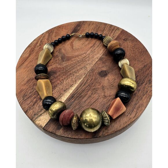 70’s African Beaded Tribal Necklace Big brass Bead & Other on Stands Retro Boho - Picture 1 of 9